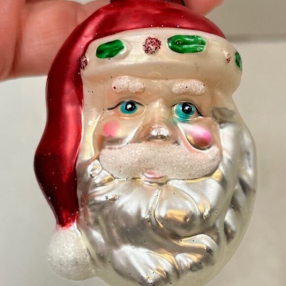VTG Santa Head Hand Blown Glass Glitter Christmas Tree Ornament 2"x3" - Picture 4 of 4
